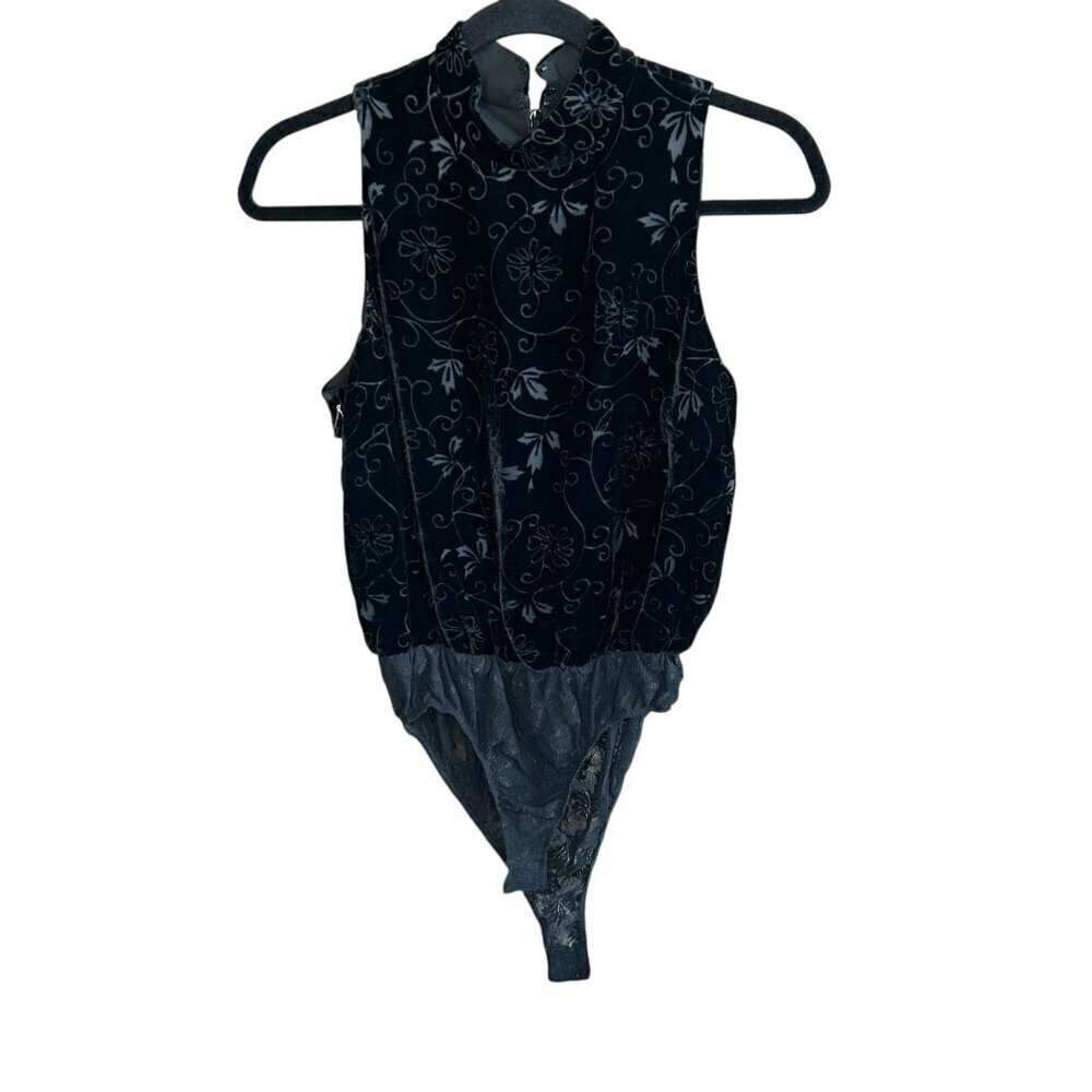 Kay Unger Evening Black Embossed Floral Velvet Bodysuit Mock Neck NWT Size 8